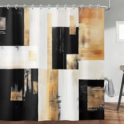 Black and Gold Abstract Shower Curtain, Boho Modern Art Aesthetic Oil Painting Shower Curtain Set, Brown Beige Neutral Artistic Fabric Shower Curtains for Bathroom with 12PCS Hooks 72X72IN