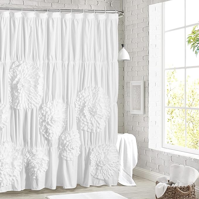 White Floral Ruffle Shower Curtain 72x72 Inches, Elegant Textured Design with Reinforced Stitch Panel, Bathroom Décor with Soft Fabric & Durable Construction, Machine Washable (LQ-41)