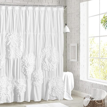 White Floral Ruffle Shower Curtain 72x72 Inches, Elegant Textured Design with Reinforced Stitch Panel, Bathroom Décor with Soft Fabric & Durable Construction, Machine Washable (LQ-41)