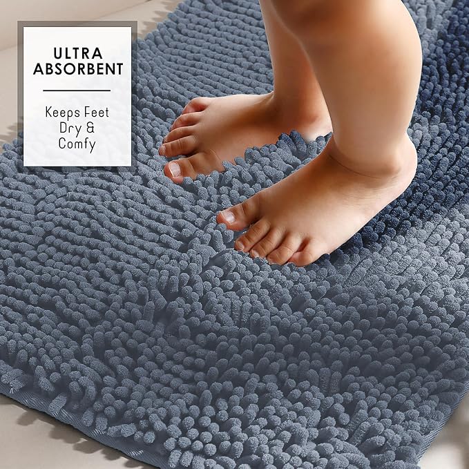 Hearth & Harbor Bathroom Rugs, Chenille Bath Mat - Machine Washable Bath Mats for Bathroom Non-Slip Backing Rubber, Quick Dry Bathroom Mat, 24 x 36 - Stone Blue