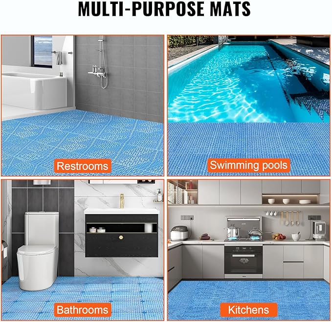 VEVOR Interlocking Tile 50PCS Blue, Drainage Tiles 12" x 12" Splicing, Soft PVC Interlocking Drainage Floor Tiles, Non-Slip Drainage Holes for Restroom, Bathroom, Kitchen, Pool, Wet Areas