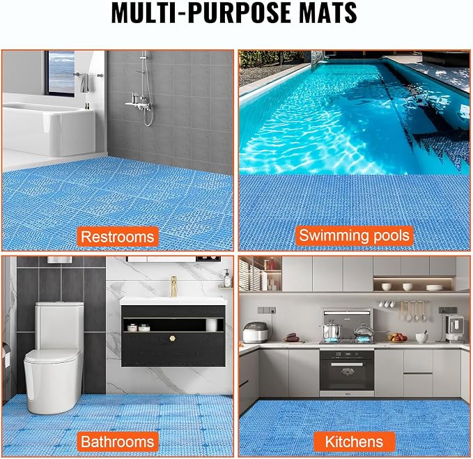 VEVOR Interlocking Tiles, 55Pcs 12 x 12 in, Soft PVC Drainage Tile Mat, Non Slip & Wear-Resistant Splicing Drainage Mat, Floor Tile Drain Holes for Restroom, Bathroom, Kitchen, Pool, Blue