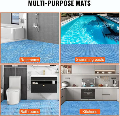 VEVOR Interlocking Tiles, 55Pcs 12 x 12 in, Soft PVC Drainage Tile Mat, Non Slip & Wear-Resistant Splicing Drainage Mat, Floor Tile Drain Holes for Restroom, Bathroom, Kitchen, Pool, Blue