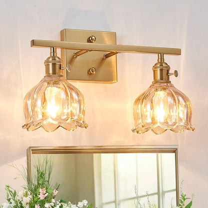 2-Light Amber Tulip Glass Vanity Light, Brushed Gold Vintage Bathroom Wall Sconce, 14.5" Antique Brass Wall Lamp for Mirror, Powder Room, Bedroom (Individual Rotary Switches, Bulbs Not Included)