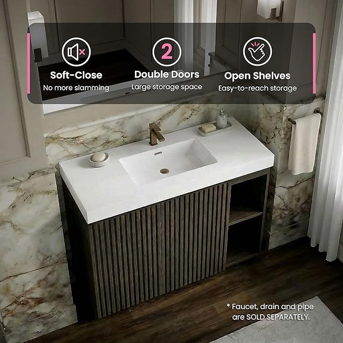 48" Bathroom Vanity with Sink Combo, Mid Century Modern Bathroom Cabinet with Doors & Open Shelf, Glossy White Integrated Sink with Overflow, Dark Grey Oak