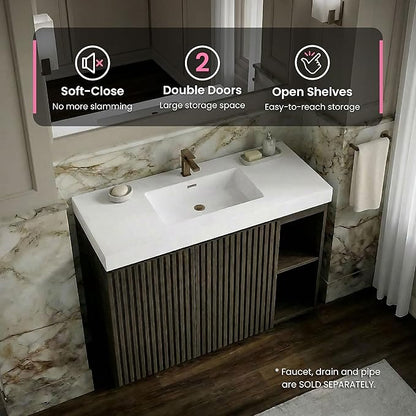 48" Bathroom Vanity with Sink Combo, Mid Century Modern Bathroom Cabinet with Doors & Open Shelf, Glossy White Integrated Sink with Overflow, Dark Grey Oak