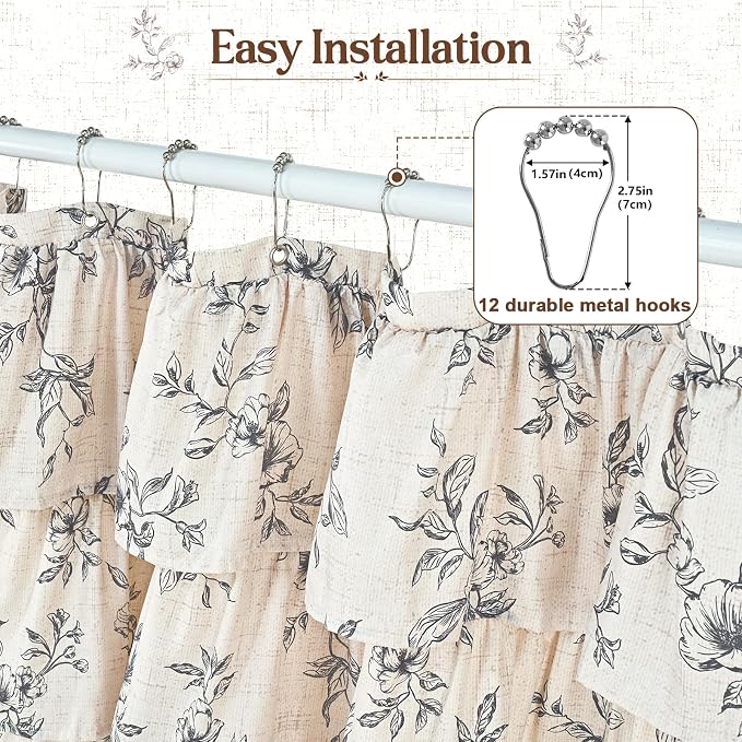 Yinhua Extra Long Farmhouse Ruffle Shower Curtains for Bathroom, 72" Wx90 L | Black Floral Print, Ruflle Design, 12 Metal Hooks, Vintage Rustic Washable Waterproof Shower Curtain for Bathroom Bathtub
