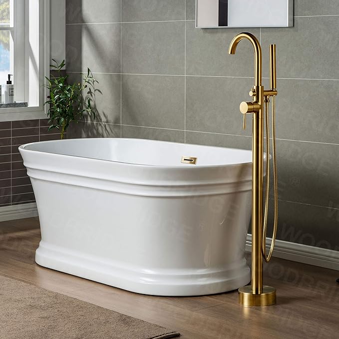 WOODBRIDGE Contemporary Single Handle Floor Mount Freestanding Tub Filler Faucet with Hand shower in Brushed Gold Finish, F0007BGRD