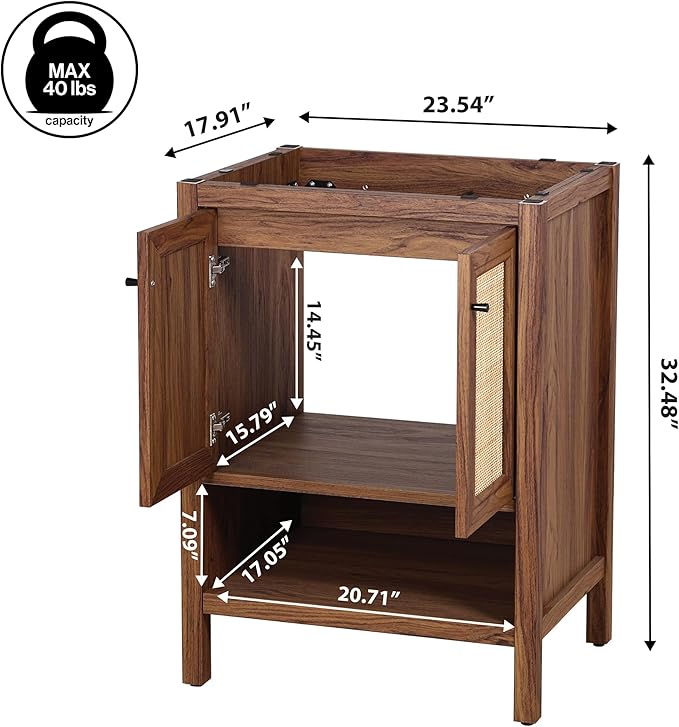 JONATHAN Y VAN1023B Jasper 24 in. W x 18 in. D x 33 in. H Rattan Modern Coastal 2-Shelf Bathroom Vanity Cabinet Only with Soft Closing Doors (Sink Basin Not Included), Walnut