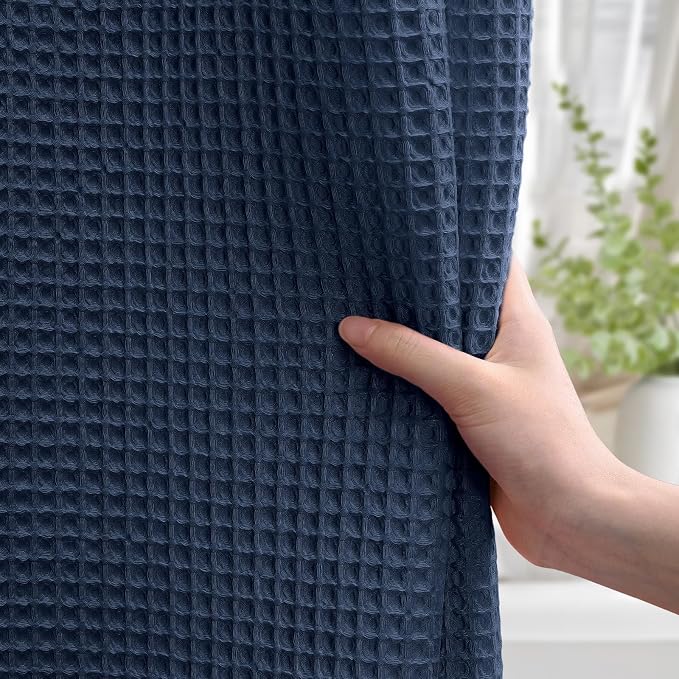 Waffle Weave Shower Curtain Heavyweight Cotton Fabric Navy Blue 72Wx72L | Soft Cotton Cloth,3D Square Truely Waffle Washable, Hotel Luxury Spa, Shower Curtain Set for Bathroom 12 Plastic Hooks
