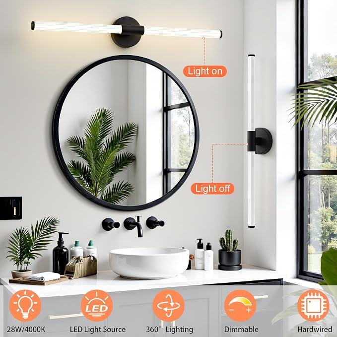 LED Bathroom Vanity Lights Black Wall Sconce Modern 30" | 360° Bright Bathroom Light Fixture, Dimmable Vanity Light, Hardwired Wall Light 4000K for Mirror