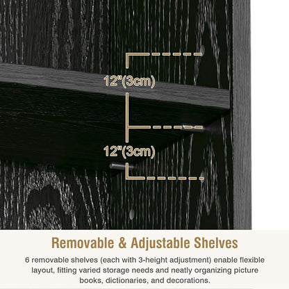 VECELO Tall Open Narrow Bookshelf, 6 Adjustable Movable Shelves, Wood Space Saving Corner Storage Rack for Small Spaces, Sleek Black