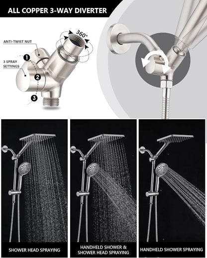 PDPBath High Pressure Rainfall Shower Head with Handheld Combo, Height Adjustable Dual Handheld Shower Head Combo with Slide Bar for Easy Reach, Brushed Nickel