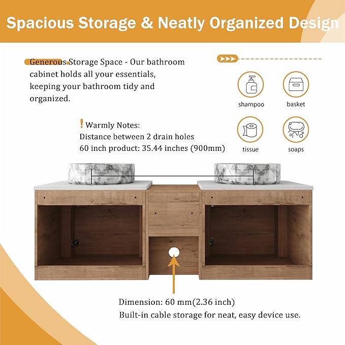 Malwee 60" Floating Bathroom Vanity with Sink, 60 Inch Wall Mounted Bathroom Cabinet Combo, Modern Double Sink Bath Storage Vanity Set, with 2 Soft Close Doors and Ceramic Vessel Basin Top(60-QQ