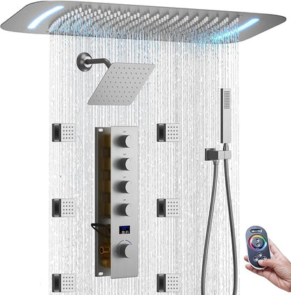 16X26 inch Rainfall Shower System Brushed Nickel Shower Faucet Set | Temperature Display Shower Faucet with 6 Body Jet, 8 inch Wall Mounted Shower Head and Handheld Set