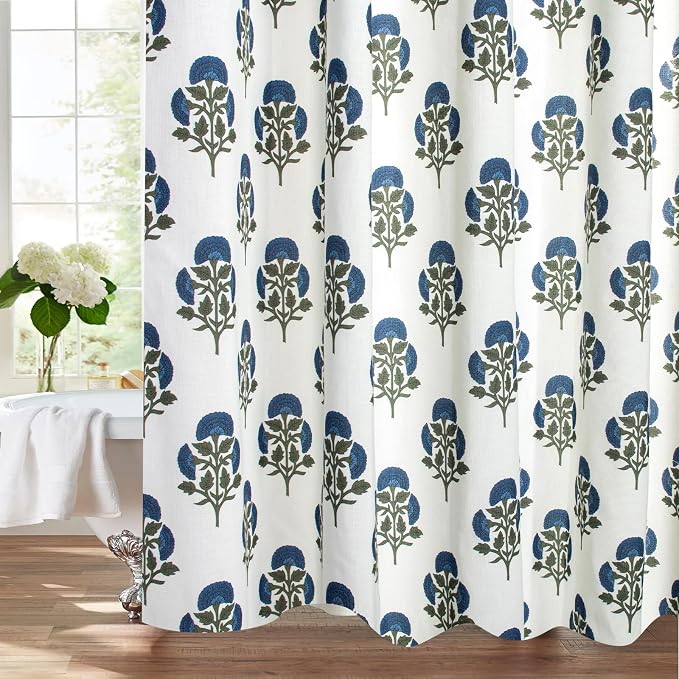 MUGINYU Blue Floral Shower Curtain Sets - 72x72 Inches,Cotton Blend Cloth Fabric,Girly Cute Coquette Style with Green Block Print for French Country Bathroom Decor