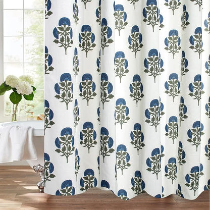 MUGINYU Blue Floral Shower Curtain Sets - 72x72 Inches,Cotton Blend Cloth Fabric,Girly Cute Coquette Style with Green Block Print for French Country Bathroom Decor