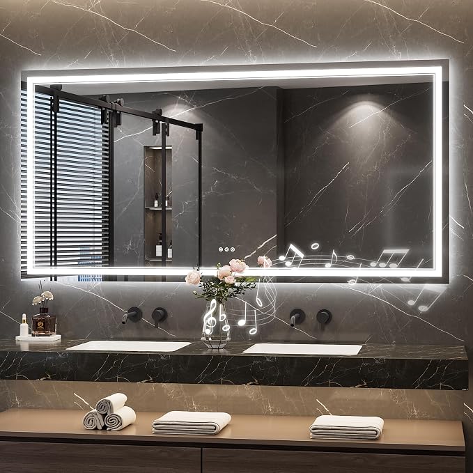 Keonjinn 72" x 36" LED Bathroom Mirror with Lights, Bluetooth Speaker | Frontlit & Backlit Bluetooth Mirror Bathroom, Dimmable 3-Color Lights, HD Tempered Glass, Dimmable, Fast Defogging, CRI90+