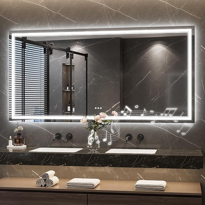 Keonjinn 72" x 36" LED Bathroom Mirror with Lights, Bluetooth Speaker | Frontlit & Backlit Bluetooth Mirror Bathroom, Dimmable 3-Color Lights, HD Tempered Glass, Dimmable, Fast Defogging, CRI90+