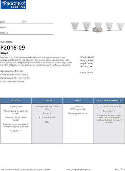 Progress Lighting P2016-09 Bravo 5-Lt. Bath and Vanity Fixture with Etched glass shades,Brushed Nickel