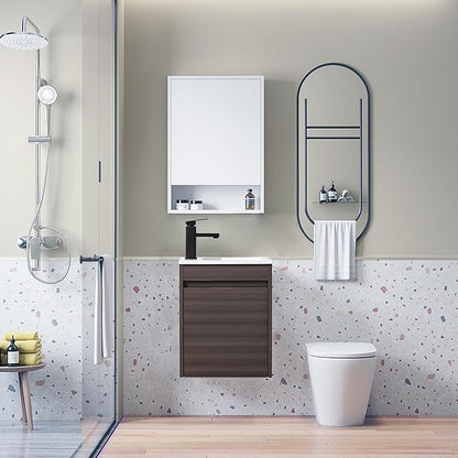 16" Bathroom Vanity Sink Combo for Small Space, Wall Mounted Bathroom Cabinet Set with White Resin Basin Sink Top Black Faucet Pop Up Drain Dark Walnut