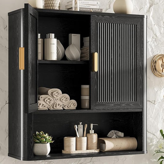 Bathroom Wall Cabinet, Wall-Mounted Medicine Cabinet with Adjustable Wood Shelf & Doors, Floating Bathroom Cabinet Over Toilet for Laundry Room & Kitchen & Living Room (Black)