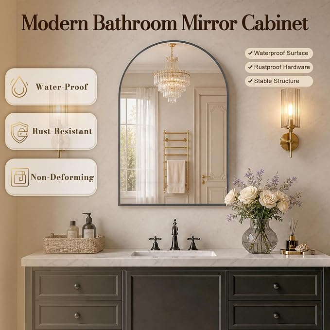 FKWin Medicine Cabinet Mirror for Bathrooms, Wall Mount Storage, 20x30 inch | Bathroom Mirror with Storage, Small Bathroom Solution, Adjustable Shelves, Reversible Door, Bathroom Upgrade, Black