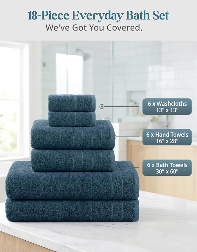 Casa Platino Bath Towel Set Quick Dry 100% Cotton 18 Piece - Steel Blue | Cotton Towels - Classic Terry Weave, Densely Woven, Coordinated Colors, Dobby Border Accent, OEKO-TEX Certified