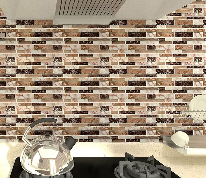LONGKING 10-Sheet Peel and Stick Tile Backsplash, Vinyl Self-Adhesive Tile Stickers for Kitchen, Bathroom | Peel and stick backsplash, vinyl PVC, marble, waterproof, kitchen bathroom wall, 10-sheet, set A
