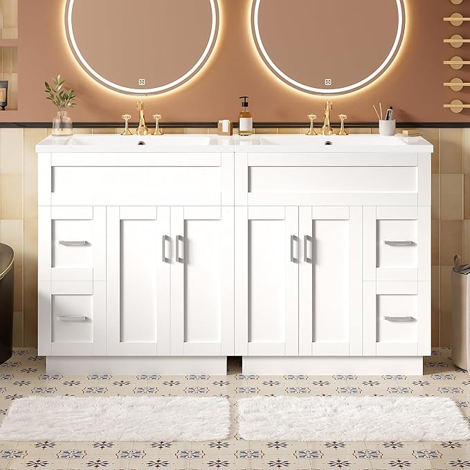 60" Bathroom Vanity Set with Double Sink, Harper & Bright Designs Vanity Cabinet with 4 Cabinet Doors, 4 Drawers, 2 Adjustable Shelves, Solid Wood Bathroom Cabinet with Resin Basin for Bathroom, White