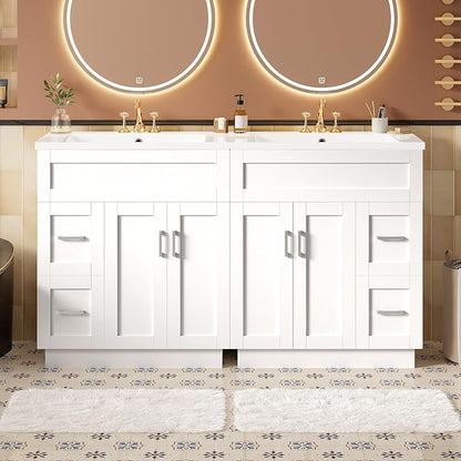 60" Bathroom Vanity Set with Double Sink, Harper & Bright Designs Vanity Cabinet with 4 Cabinet Doors, 4 Drawers, 2 Adjustable Shelves, Solid Wood Bathroom Cabinet with Resin Basin for Bathroom, White