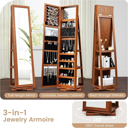 GOFLAME 360° Rotating Jewelry Armoire, Lockable Jewelry Cabinet with Full-Length Mirror & Inner Makeup Mirror, Standing Jewelry Storage Organizer with Rear Storage Shelves, Walnut