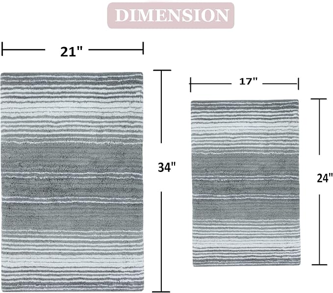 Home Weavers 100% Cotton Gradiation Collection Bathroom Décor | Washable Rug | Bathroom Mat | Kitchen Mat | Bathroom Rug Set | Bath Mat Set | Bath Floor Mat Non Slip, 2 Piece Set(S+M), Gray