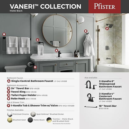Pfister Vaneri Bathroom Sink Faucet, Single Control, 1-Handle, Single Hole, NSF Certified, Matte Black Finish, LF042VRIBB