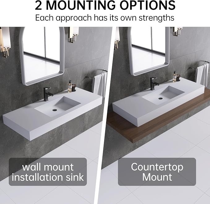47" Wall Mount Sink, Artificial Stone Bathroom Sink, Single Hole | Matte Bathroom Vanity Vessel Sinks Rectanglee Indoor Modern Floating or Countertop Freestanding Wall Hang Sink Bowl