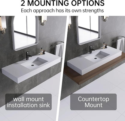 47" Wall Mount Sink, Artificial Stone Bathroom Sink, Single Hole | Matte Bathroom Vanity Vessel Sinks Rectanglee Indoor Modern Floating or Countertop Freestanding Wall Hang Sink Bowl