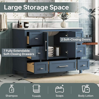 48 Inch Bathroom Vanity with Sink, Fully Assembled Bathroom Vanities with Soft Closing Doors & Dovetail Drawers, 48 Inch Vanity with Sink, Solid Wood, Engineered Stone Top, Steel Blue