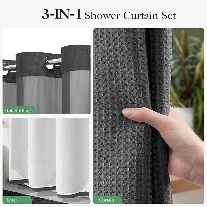 Charcoal Grey Hook Free Waffle Shower Curtain & Snap Liner,60x75 | Less Time to install, 3 in 1 Fabric Shower Curtain and Liner Set with Magnets, Stall, Shower Curtains for Bathroom
