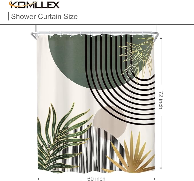 Mid Century Dark Green Boho Abstract Modern Bathroom Shower Curtain Set | 60Wx72L Gold design, waterproof HD print with fast-drying fabric and 12 hooks.