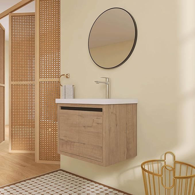24 Inch Bathroom Vanity with Sink, Modern Floating Single Sink Bathroom Vanities Set, Wall-Mounted Bathroom Vanity, Soft Close Door (Oak, 18 * 24)