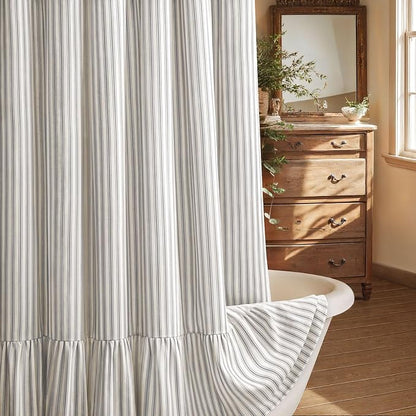 Farmhouse Shower Curtain Ruffle Linen Cream-Grey Stripe 72"W x 84"L | Farmhouse Boho, Striped, Bottom Ruffle, Linen Fabric, Rustic, Country, Natural Look, Washable, for Bathroom Bathtub