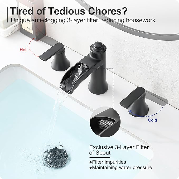 Matte Black Bathroom Faucet 3 Hole, Brass 8 Inch Bathroom Sink Faucet Waterfall, 2 Handles Widespread Basin Tap with Pop-up Drain & Supply Hose for Vanity, Farmhouse, Restroom Sink