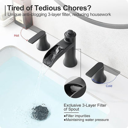 Matte Black Bathroom Faucet 3 Hole, Brass 8 Inch Bathroom Sink Faucet Waterfall, 2 Handles Widespread Basin Tap with Pop-up Drain & Supply Hose for Vanity, Farmhouse, Restroom Sink