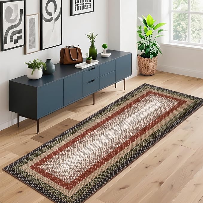 Imitation Braided Collection-Print Runner Rugs for Hallway 2x10 Rug Runner Kitchen Rugs Non Slip Washable Modern Soft Hallway Runner Contemporary Low Pile Rug for Living Room Bedroom Nursery