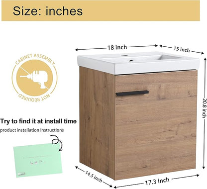 Malwee 18" Floating Bathroom Vanity with Sink, 18 Inch Single Sink Wall Mounted Bathroom Vanity, with 1 Door and White Ceramic Basin top, Modern Bath Wall-hung Storage Cabinet for Small Space(017-18)