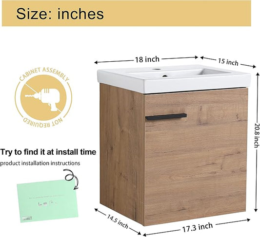 Malwee 18" Floating Bathroom Vanity with Sink, 18 Inch Single Sink Wall Mounted Bathroom Vanity, with 1 Door and White Ceramic Basin top, Modern Bath Wall-hung Storage Cabinet for Small Space(017-18)