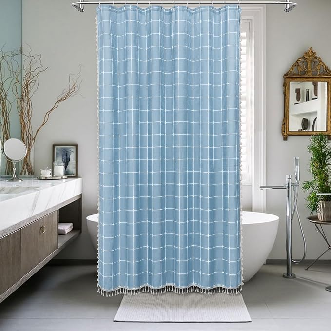 Blue Boho Farmhouse Shower Curtain with Tassels, Rustic Cottagecore Aesthetic Bohemian Chic Modern Bathroom Decor Thick Waffle Textured Fabric Shower Curtain Set with Hooks, 72x72 | 320 GSM French Country Plaid Tassel Shower Curtain, Rustic Aesthetic B...
