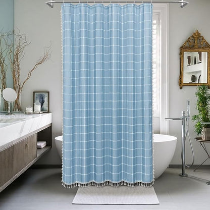 Blue Boho Farmhouse Shower Curtain with Tassels, Rustic Cottagecore Aesthetic Bohemian Chic Modern Bathroom Decor Thick Waffle Textured Fabric Shower Curtain Set with Hooks, 72x72 | 320 GSM French Country Plaid Tassel Shower Curtain, Rustic Aesthetic B...