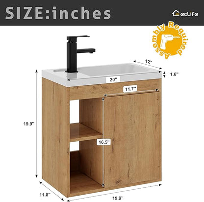 eclife 20" Floating Bathroom Vanity Sink Combo for Small Space, Wall-Mounted Guest Toilet Wash Basin Cabinet with Opening Shelf, Soft Closing Door, Natrual Veneered