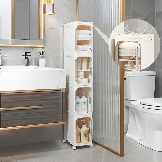 5-Tier Narrow Storage Cabinet Slim Bathroom Tall Skinny Organizer，Beige | Foldable Storage Cabinet with Lockable Rolling Wheels Magnetic Clear Door Adjustable Detachable Shelves For Narrow Space